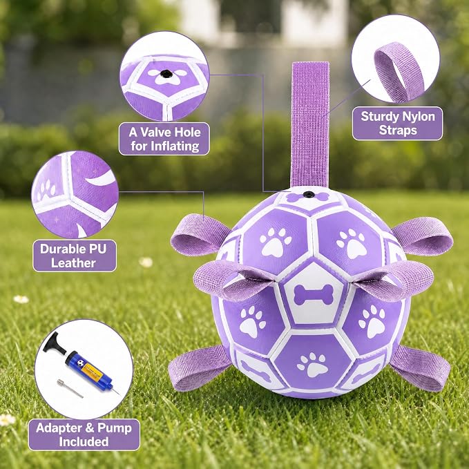 Dog Soccer Ball with Straps, 6 Inch Herding Dog Ball Toys Dog Birthday Toy, Balls for 20-40lbs Dogs, Outdoor Puppy Toys for Small Medium Dogs, Interactive Toy for Tug, Water Toy Ball,Purple