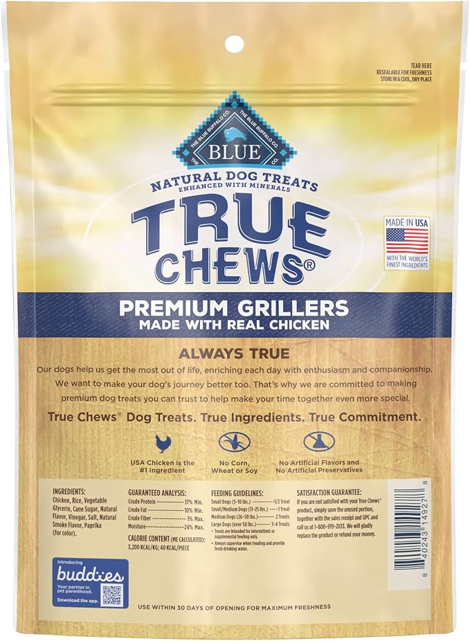 Blue Buffalo True Chews Premium Grillers Dog Treats, Made in the USA with Natural Ingredients, Chicken, 12-oz Bag (Pack of 6)
