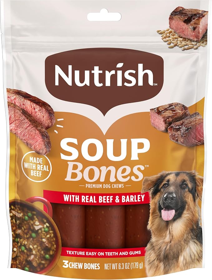 Nutrish Soup Bones Beef Dog Chews, 6.3 oz. Bag (24 Treats) (Rachael Ray) | Rawhide-Free, Contains No Artificial Flavors or By-Product Meals, Soft Texture, Easy on Gums, Resealable Bag (Pack of 8)