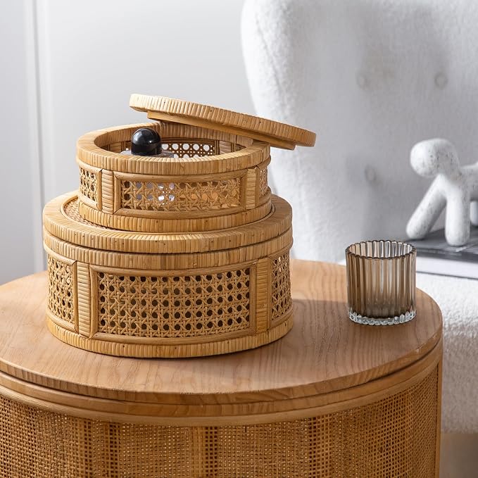 Rattan Decorative Box, Boho Decorative Boxes with Lids, Set of 2 Round Farmhouse Wicker Storage Box, Natural Woven Cane Bins for Home Decor