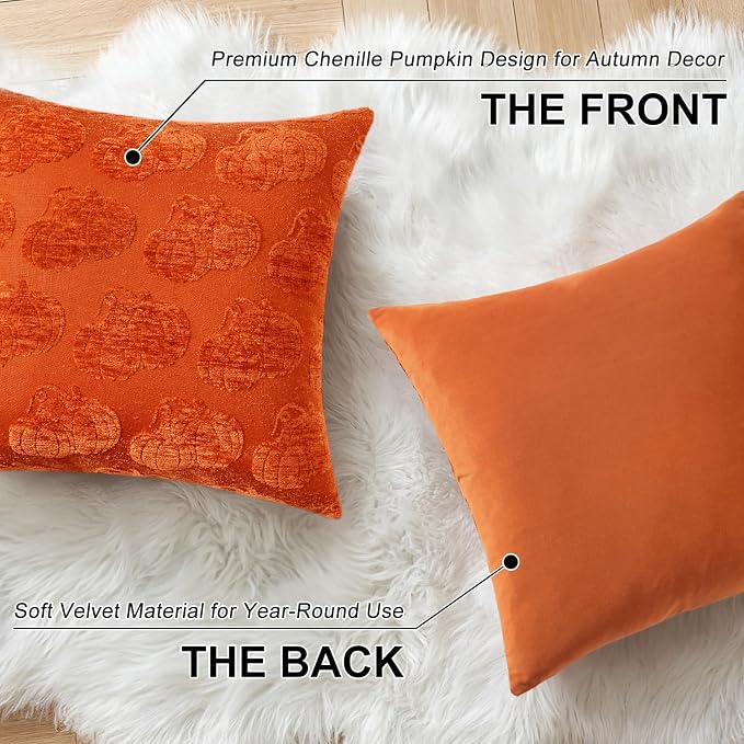 decorUhome Chenille Rust Two Pumpkins Throw Pillow Covers 18x18 Set of 2 | Fall Decorative Jacquard Farmhouse Soft Modern Farmhouse Neutral Pillowcases for Bed Sofa Autumn Harvest Halloween Holiday