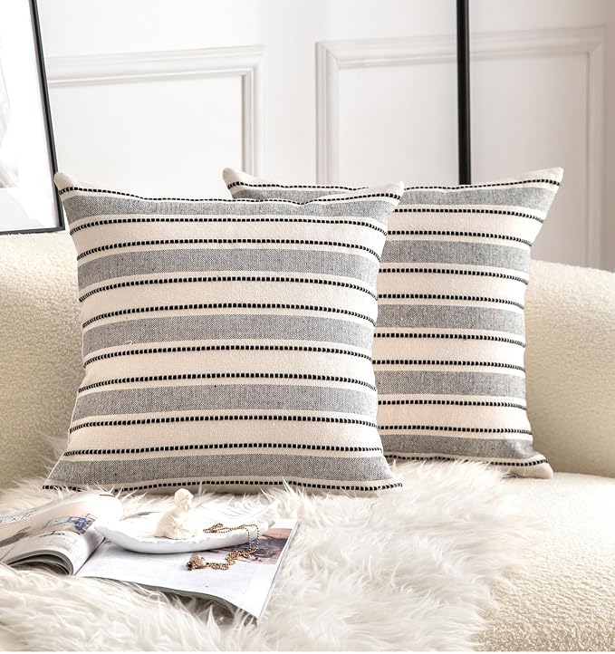 Cethom Decorative Boho Throw Pillow Covers, Farmhouse Textured Pillow Case, 20 x 20 Inch Set of 2, Chair Sofa Bedroom Living Room Home Decor Couch Cushion Case, Black and Beige Striped