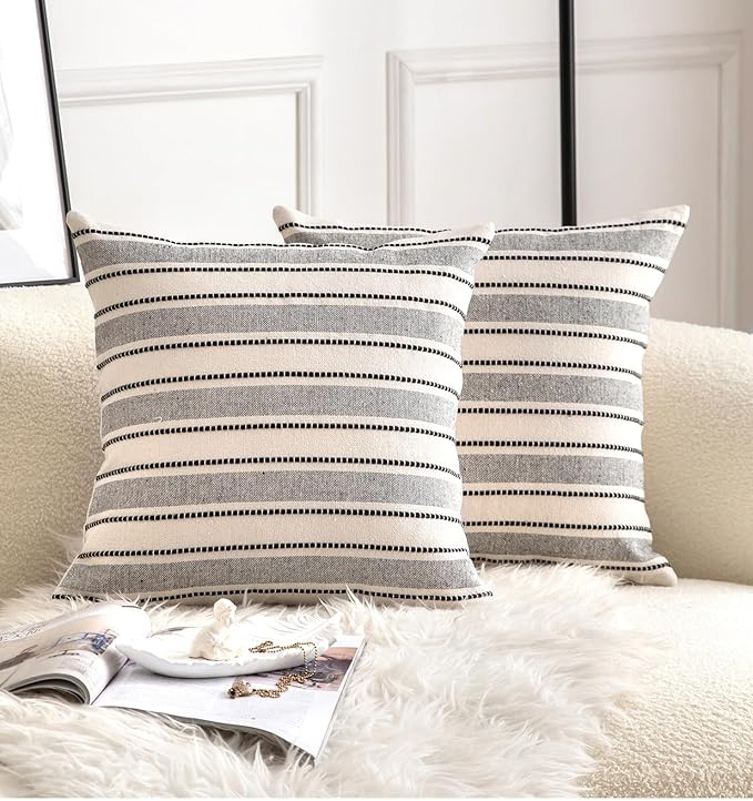 Cethom Decorative Boho Throw Pillow Covers, Farmhouse Textured Pillow Case, 22 x 22 Inch Set of 2, Chair Sofa Bedroom Living Room Home Decor Couch Cushion Case, Black and Beige Striped