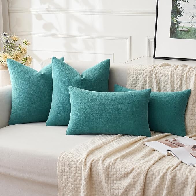 MIULEE Teal Chenille Couch Lumbar Throw Pillow Covers, 12x20 | Set of 2, Soft Coastal Home Decor, Modern Farmhouse Decorative Pillowcases for Sofa Living Room Bed