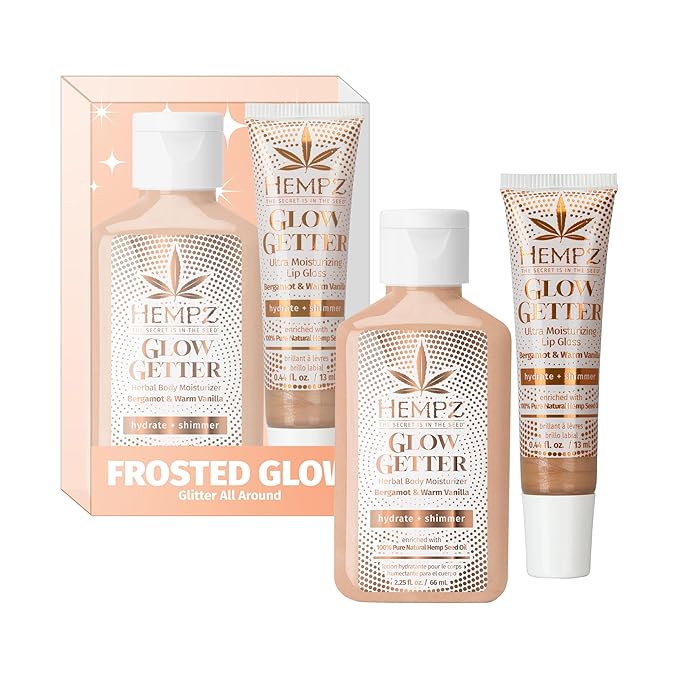 Hempz Frosted Glow Kit, Illuminating Mini Body Lotion and Shimmer Lip Gloss Duo, Limited Edition Glitter Gift Set, 2.25 oz and .44 oz (Pack of 2)