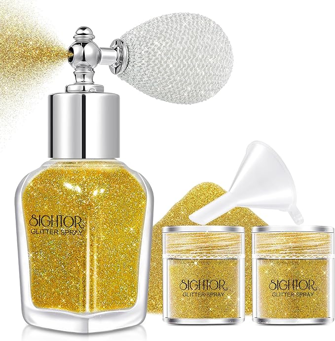 SIGHTOR Body Glitter Spray, 30ML Shiny Spray for Body Hair Face Clothing, Highlighter Powder Spray Shimmer Sparkle Pearl Powder Makeup Nail Art Spray for Stage Makeup Party (Gold)