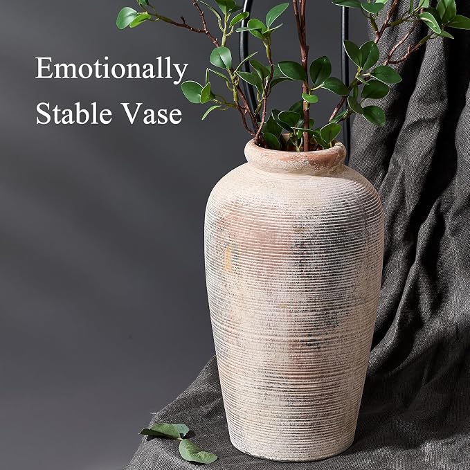 Emotionally Grounded Vase, Vaseking Large Ceramic Rustic Vase, 11 inch Minimalist Decorative Farmhouse Tall Vases for Home Decor, Living Room, Enterway, Table Decoration, Fired Terra Clay