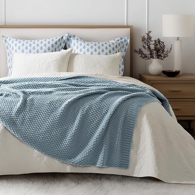 EVERGRACEHOME Chunky Chenille Knit Throw Blanket, 50 x 60, Chambray Blue | Sculpted Moss Stitch, Chic Modern Farmhouse, All-Season Warmth, OEKO-TEX® Certified, Elegant Blanket for Couch, Bed, Sofa