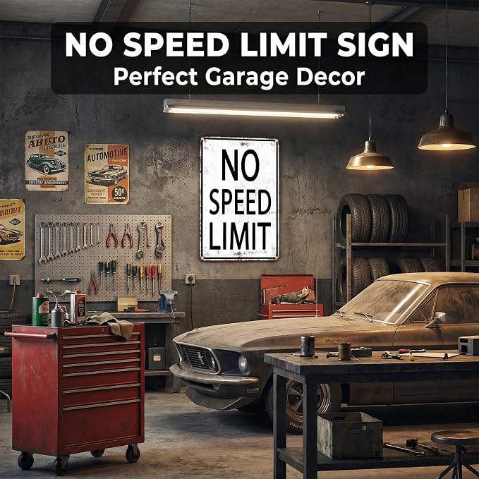 Crazysign Boys Gifts Retro Tin Sign No Speed Limit Sign for Boys Room Man Cave Garage Bedroom Vintage Style Wall Art Decor 8 x 12 Inch (3096)