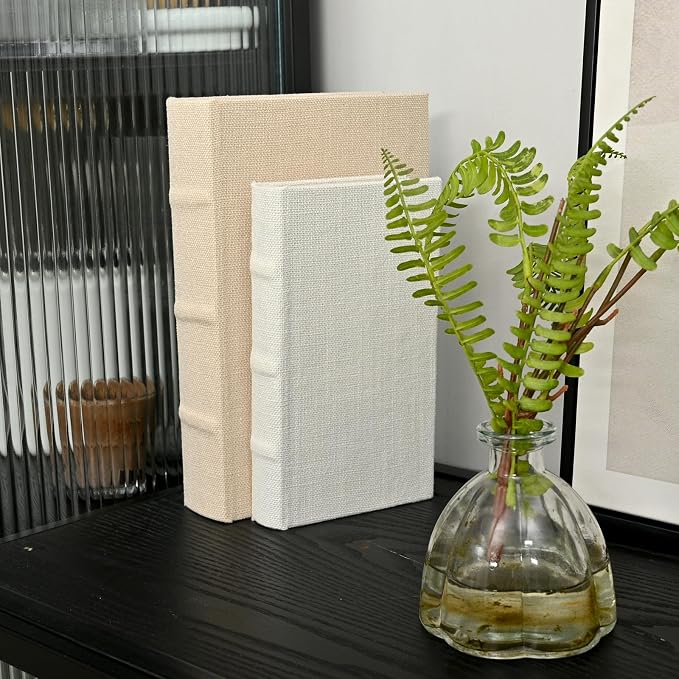 DECOR4SEASON Decorative Faux Book Storage Boxes Set of 2, Linen Fabric Textured Books, Off White, Modern Minimalist Home Decor, Bookshelf Accents for Coffee Table