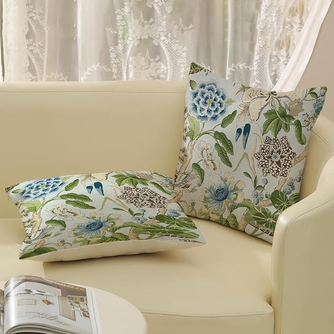 Baby Blue Green Pillow Covers 20x20 Inch Set of 2 Vintage Blue Floral Throw Pillows Chinoiserie Flower Decorative Pillow Case Outdoor Linen Farmhouse Cushion Cover for Couch Sofa Decorations