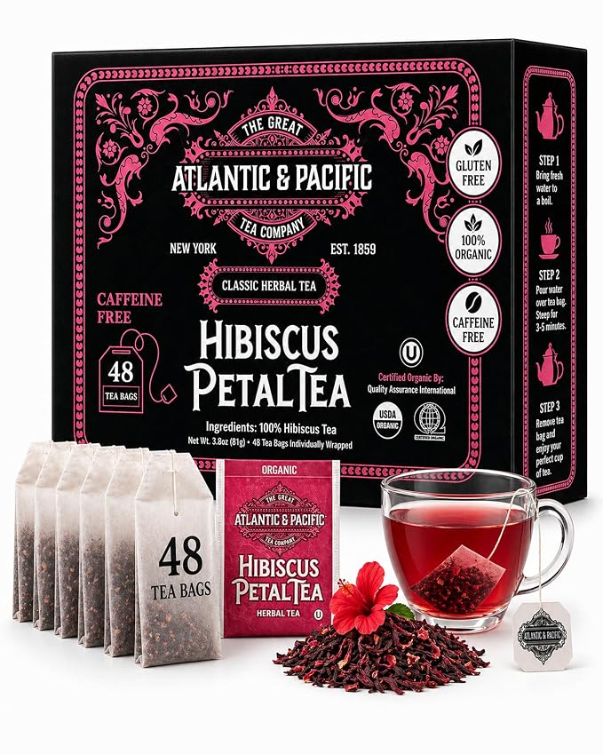 A&P Coffee Organic Hibiscus Tea Bags, 48 Count, Hibiscus Petal Herbal Tea, Naturally Caffeine Free, Rich in Vitamin C, Tart Cranberry Flavor, Hot or Iced Tea, Premium Herbal Infusion, Fresh Aroma