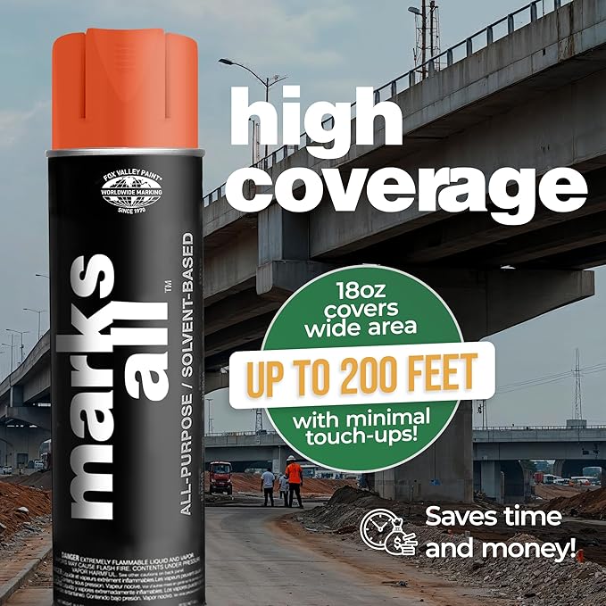Fox Valley 18oz Marks All Solvent-Based Marking Paint Spray, 12-Pack Red Orange – Long-Lasting, Weather-Resistant Spray Paint for Wet or Dry Surfaces Like Metal, Grass, Concrete, Wood, & More