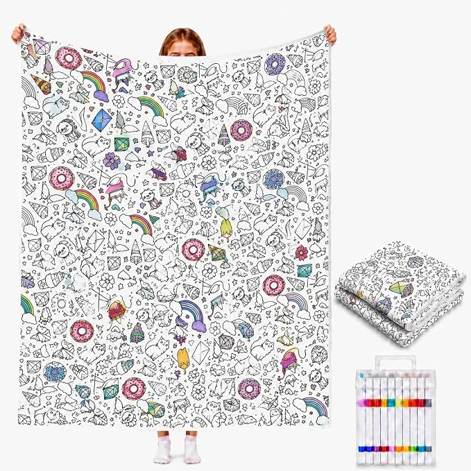 DIY Coloring Blanket with 24 Markers, Custom Color Blankets for Adults | Color In Your Own Blankets With 24 Colors Markers, Snuggle Color Sketch Washable Cozy Blankets Kit Home Decor