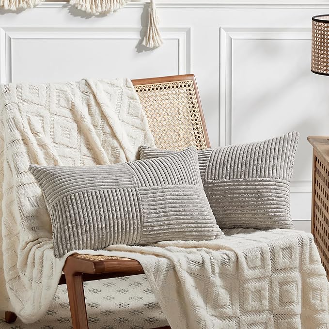Fancy Homi 2 Packs Neutral Grey Lumbar Decorative Throw Pillow Covers 20x28 Inch for Living Room Couch Bed Sofa, Farmhouse Home Decor, Soft Striped Corduroy Rectangle Accent Cushion Case 50x70 cm