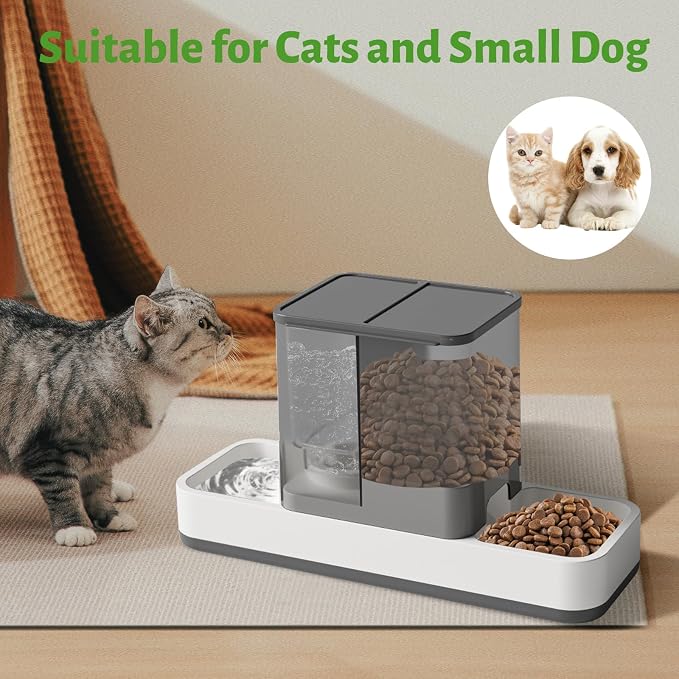 Yummy Sam Automatic Small Pet Feeder and Water Dispenser, Grey | 2 in 1 Gravity Cat Auto 1.5L Pet Feeder and 1L Waterer Set, Feeder Dish for Small Medium Pets Dog Puppy Kitten