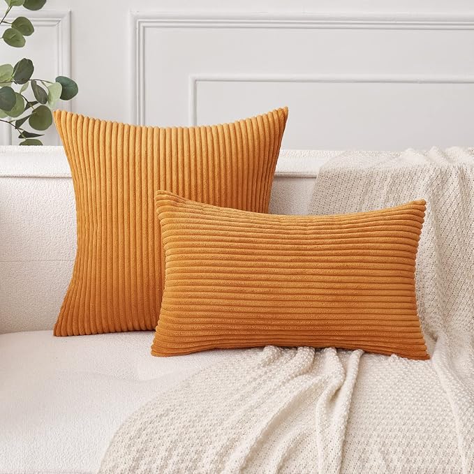 MIULEE Fall Lumbar Corduroy Throw Pillow Covers Set of 2 12x20 Burnt Orange | Decorative Striped Textured Cushion Cases, Boho Rustic Pillowcases for Home Decor, for Couch Chair Sofa Bed Living Room