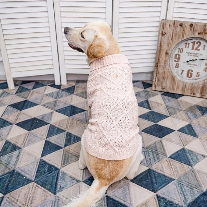 Mihachi Turtleneck Dog Sweater - Winter Coat Apparel Classic Cable Knit Clothes with Leash Hole for Cold Weather, Ideal Gift for Pet in New Year Rosy Medium