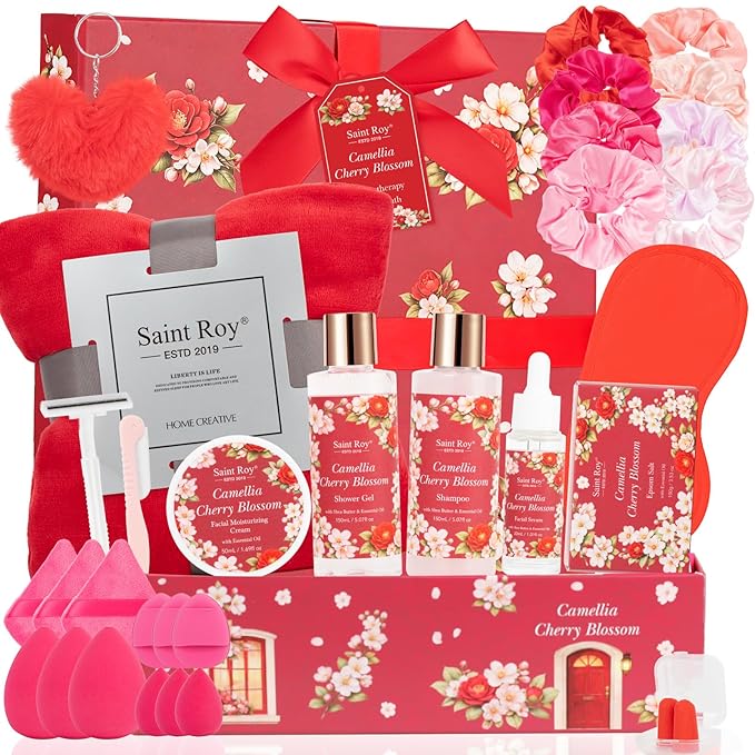 35 Pcs Valentines Day Gift for Women, Cherry Blossom Rose Bath and Body Basket Gift, Face Skin Care Kit, Home Spa Self Care, Lip Gloss, Birthday, Christmas, Mother, Bridal Shower, Anniversary