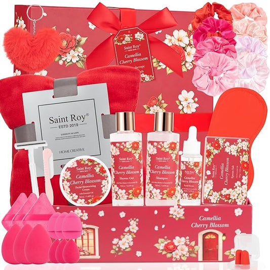 35 Pcs Valentines Day Gift for Women, Cherry Blossom Rose Bath and Body Basket Gift, Face Skin Care Kit, Home Spa Self Care, Lip Gloss, Birthday, Christmas, Mother, Bridal Shower, Anniversary