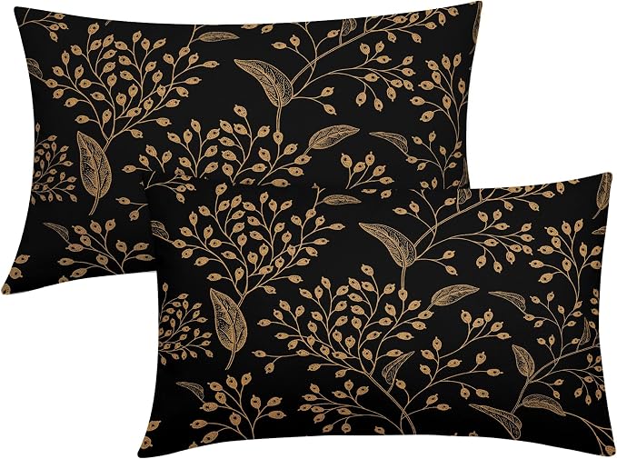 Boho Lumbar Pillow Covers 12X20 Inch Set of 2 Black Gold Floral Leaves Decorative Pillow Cases Vintage Flower Leaf Cotton Linen Cushion Case Farmhouse Home Decor for Sofa Couch Porch Outdoor