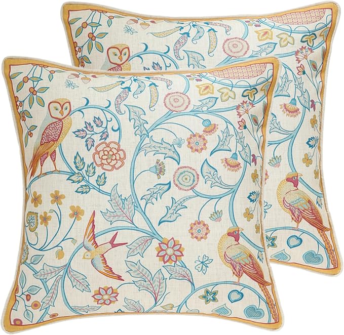 patdrea French Linen Throw Pillow Cover,18"x18",Set of 2-Magnolia A | Vintage Decorative Pillow Case with Zipper,Yellow Floral Pattern,Cushion Coverfor Couch Living Room Bedroom Sofa