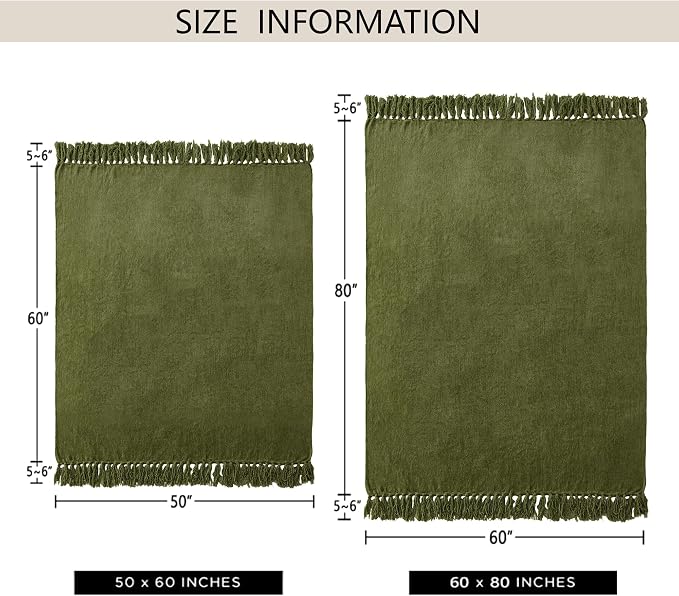 Chenille Throw Blanket for Couch 60" x 80" Twin, Olive Green | Soft Cozy Throws with Fringe Tassel, for Living Room Bed Sofa Chair Cover, Lightweight Knitted Boho Blankets Christmas Decor