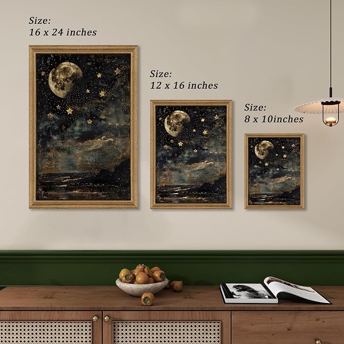 ICHZUMW Framed Moon and Stars Celestial Vintage Canvas Wall Art 8x10 In | Dark Moody Night Sky Painting, Gothic Dark Academia Wall Decor for Bedroom Living Room Bathroom Office, Ready to Hang