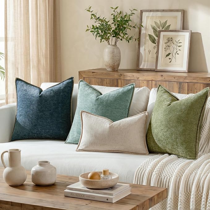 a moment Pack of 2 Decorative Chenille Throw Pillow Covers with Twill Cushion Covers for Sofa Living Room Couch Bed 22x22 Inch,Crafted Border Moss Green