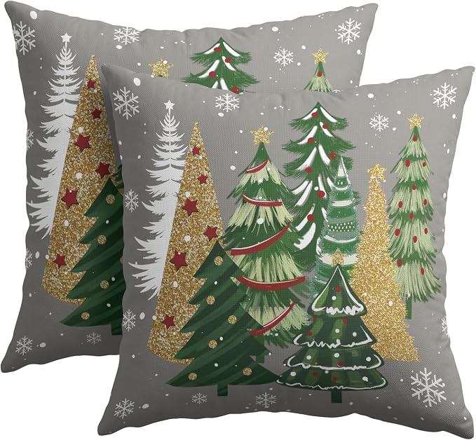 Kawani Christmas Grey Throw Pillow Covers 22x22 Inches, Set of 2 Gold Green Xmas Trees Snow Square Pillowcase Cotton Linen Cushion Cover for Couch Chair Sofa Bed Living Room Decor