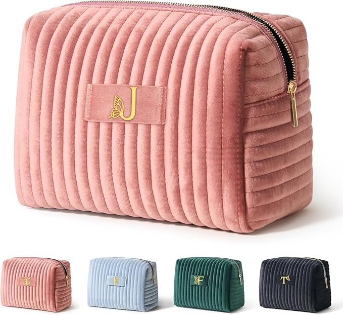 COSHAYSOO Travel Makeup Bag Quilted Make Up Pouch Initial Cosmetic Case with Butterfly Decorations for Women Compact Mirror Traveling Size Beauty Tools Accessories Organizer Pink Velvet Letter J