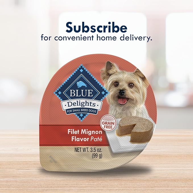 Blue Buffalo Delights Filet Mignon Small Breed Wet Dog Food, 3.5 oz, 12 ct | Adult Formula, Grain-Free, Pate Style, Real Beef First, in Savory Juice, No Corn, Wheat, or Soy