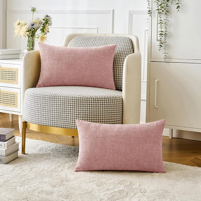 MIULEE Soft Chenille Lumbar Throw Pillow Covers Blush Pink 12x20 Pack of 2 | Modern Home Decor, Classic Decorative Pillows, Solid Dyed Cases, Boho Couch Cushion Covers for Sofa Bed Living Room