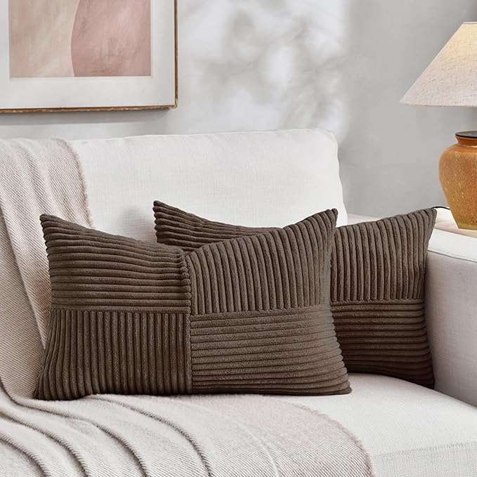 Fancy Homi Set of 1 Dark Brown Lumbar Decorative Throw Pillow Covers 14x24 Inch for Couch Bed, Rustic Farmhouse Boho Home Decor, Soft Striped Corduroy Rectangle Accent Cushion Case 35x60 cm
