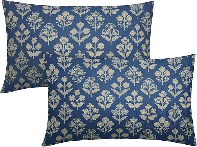 Blue Pillow Covers 12x20 Inch Set of 2, Cream Floral Block Print Pattern Lumbar Decorative Throw Pillowcases Outdoor Farmhouse Rectangle Cushion Covers Spring Summer Sofa Couch Bed Decor