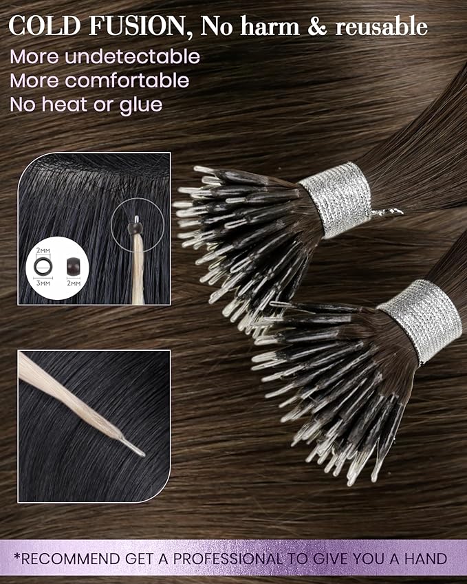 LaaVoo Nano Hair Extensions Human Hair Brown Nano Ring Hair Extension Medium Brown 50g 50s 20in