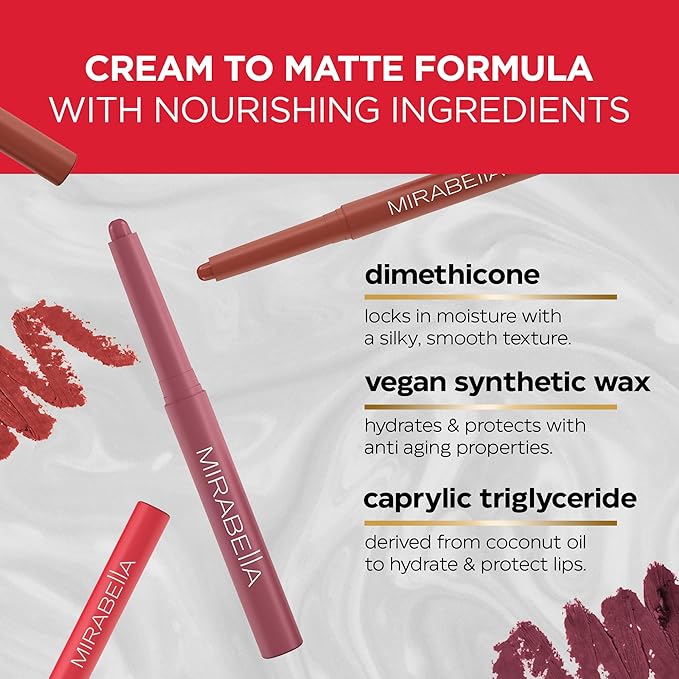 Mirabella - Velvet Matte Lip Crayon, Retractable Highly-Pigmented 2-in-1 Makeup, Long-Lasting Hydrating Lipstick Crayon + Lip Liner, Moisturizing Cream-to-Matte Lipcare Formula, Forever