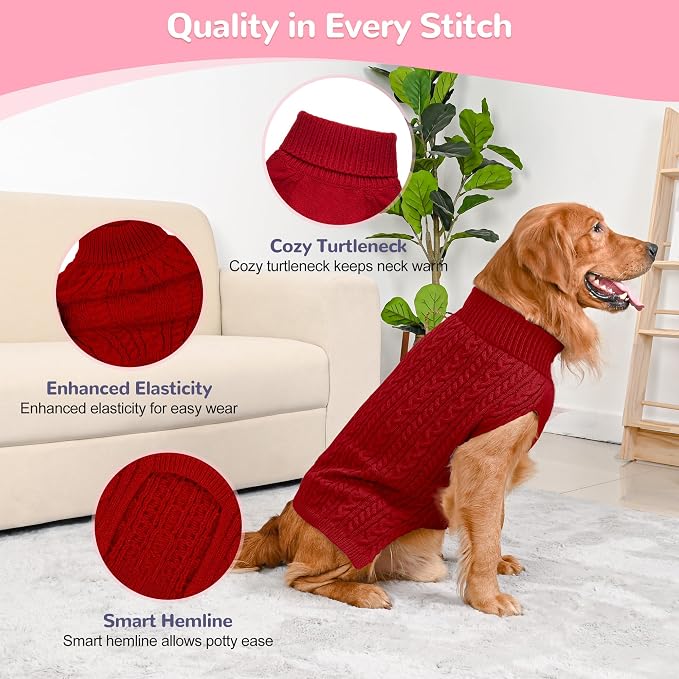 Dog Sweater 2 Pack for Large Dogs, Size XL, Pink & Red | Stretchy cable knit turtleneck, machine washable, high belly cut, comfy winter fit for English Bulldog, Boxer