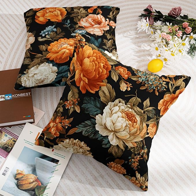 Black Boho Floral Pillow Covers 20X20 Inch Set of 2 Vintage Orange Beige Botanical Flowers Decorative Pillow Cases Mid Century Modern Bohemian Cushion Case Farmhouse Home Decor for Sofa Couch