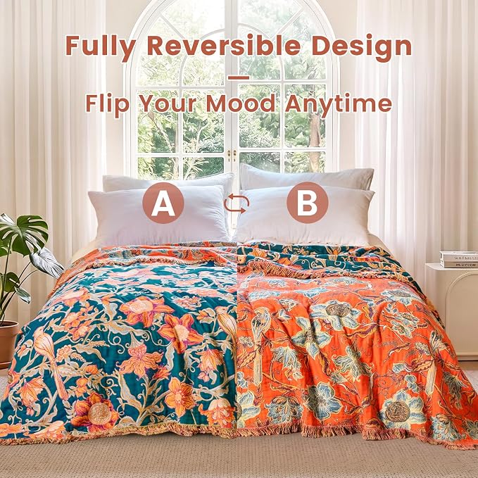 MSGKV Boho Throw Blanket 50"x60" Cotton Bird Floral Blanket for Couch | Muslin Throw, Bird Floral Pattern, Reversible Woven, Lightweight Comfort, Farmhouse Decor, All Seasons, Machine Washable