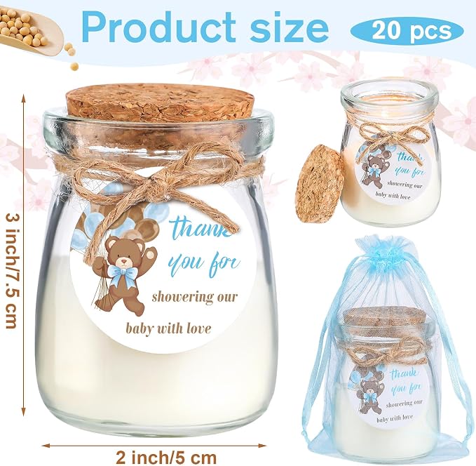 Threlaco 20 Pcs Bear Baby Shower Favors Party Candle Lavender Scented Glass Mason Jar Wax Candle Bulk for Guests Girl Boy Gender Reveal Party Gifts(Brown)