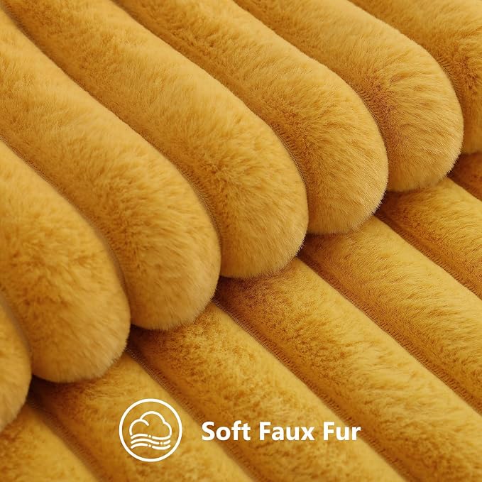 decorUhome Fall Faux Fur Throw Pillow Covers 22x22 Set of 2 Mustard Yellow | Decorative Soft Cozy Striped Plush Modern Farmhouse Boho Couch Pillow Cases Velvet Back for Sofa Bed Living Room Home Decor