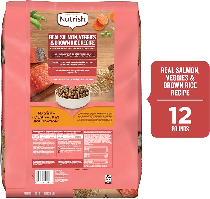 Nutrish Salmon Dry Dog Food, 12 lb. Bag (Rachael Ray) | Complete & Balanced Nutrition for Small, Medium and Large Breed Adult Dogs, Veterinarian Reviewed Formula