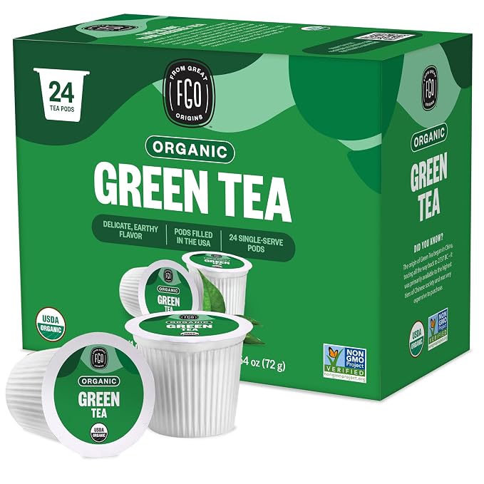 FGO Organic Green Tea K-Cup Pods for Keurig, 24 Count (Pack of 1), Premium Green Tea is USDA Organic, Non-GMO, & Recyclable with Naturally Occurring Caffeine