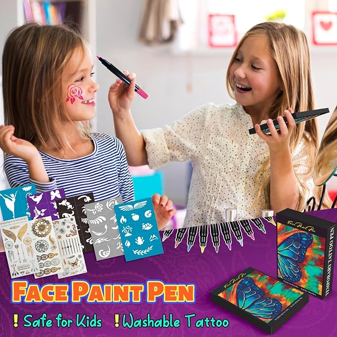 Temporary Tattoo Markers for Skin - Dual Tip 10 Colors Tattoo Pens for Skin Temporary, Washable Metallic Tattoo Markers with Stencils, Flexible Body Markers, Skin-Safe Face Paint Kit for Kids Adults