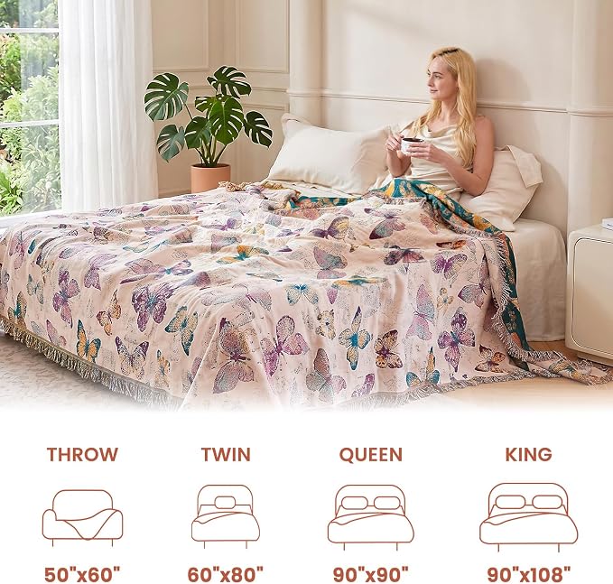 MSGKV Boho Throw Cotton Butterfly Blanket 50"x60" for Couch Sofa Decor | Muslin Cotton Throw, Butterfly Pattern, Chair Throw, Breathable Summer Blanket, Farmhouse Decor, Home Decor, Machine Washable
