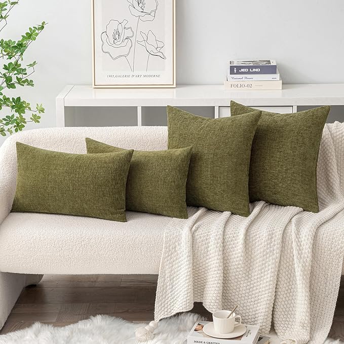 MIULEE Soft Chenille Throw Pillow Covers Olive Green 16x16 Inch Pack of 2 | Modern Home Decor, Classic Decorative Pillows, Solid Dyed Cases, Boho Couch Cushion Covers for Sofa Bed Living Room