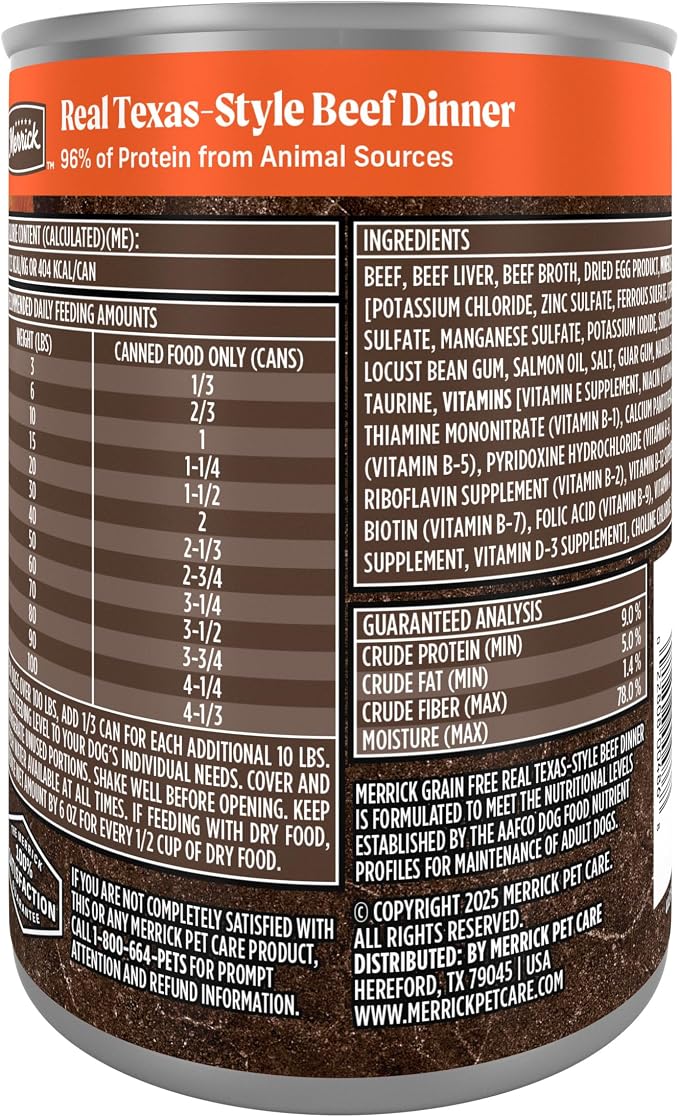 Merrick Grain Free Premium And Natural Canned Dog Food, Soft And Healthy Wet Recipe, Real Texas Beef Dinner - (Pack of 12) 12.7 oz. Cans
