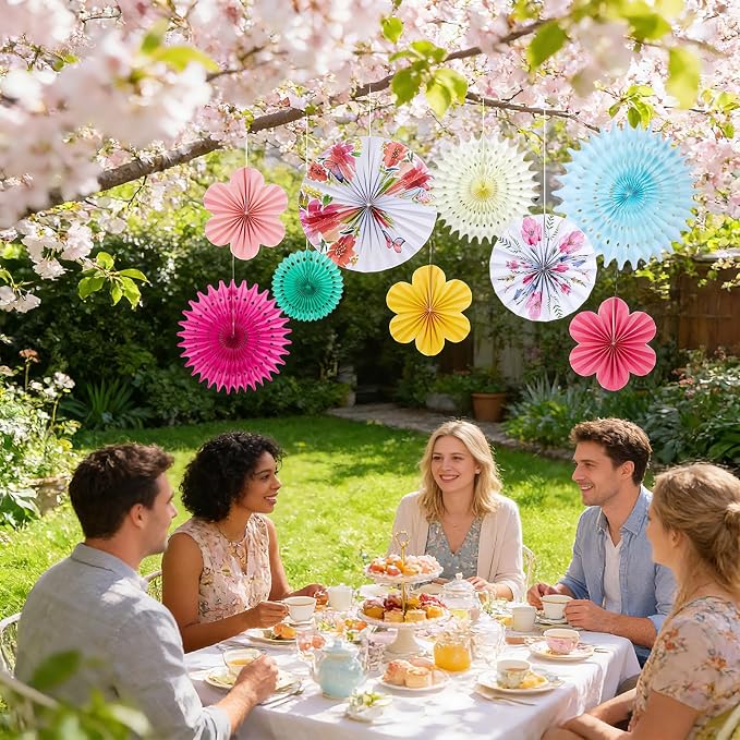 SUNBEAUTY Paper Flowers Decorations for Wall Tea Party Decoration Paper Fans Classroom Decoration Paper Floral Backdrop Decor for Valentines Day Mother's Day and Wedding, Set of 9