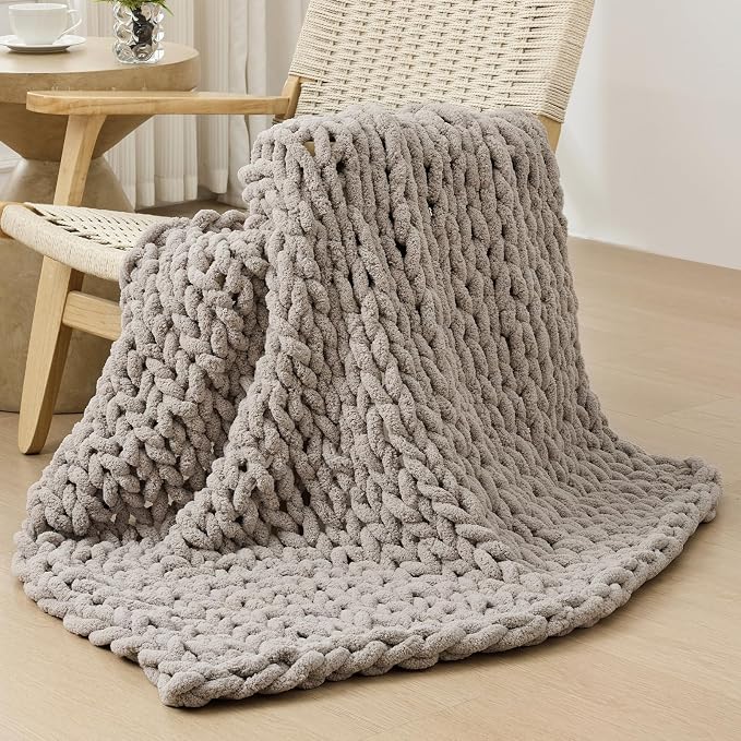 Bigacogo Chunky Knit Throw Blanket for Couch, 40x40 inches, Taupe | Hand Knit with Jumbo Chenille, Soft Breathable Cable Knit for Sofa Bed Living Room, Machine Washable, Gift for Mom Friend